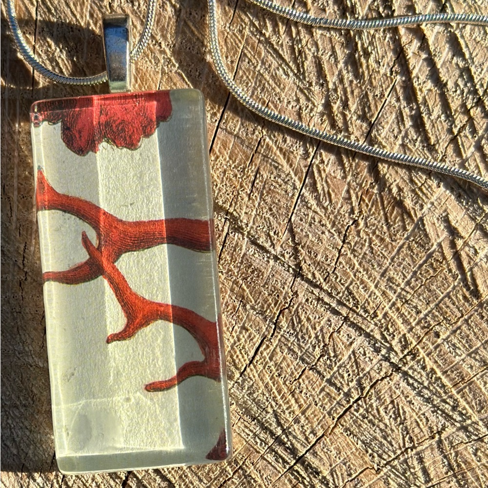 - Handmade glass cabochon necklace with vintage red coral art decopauge pa…